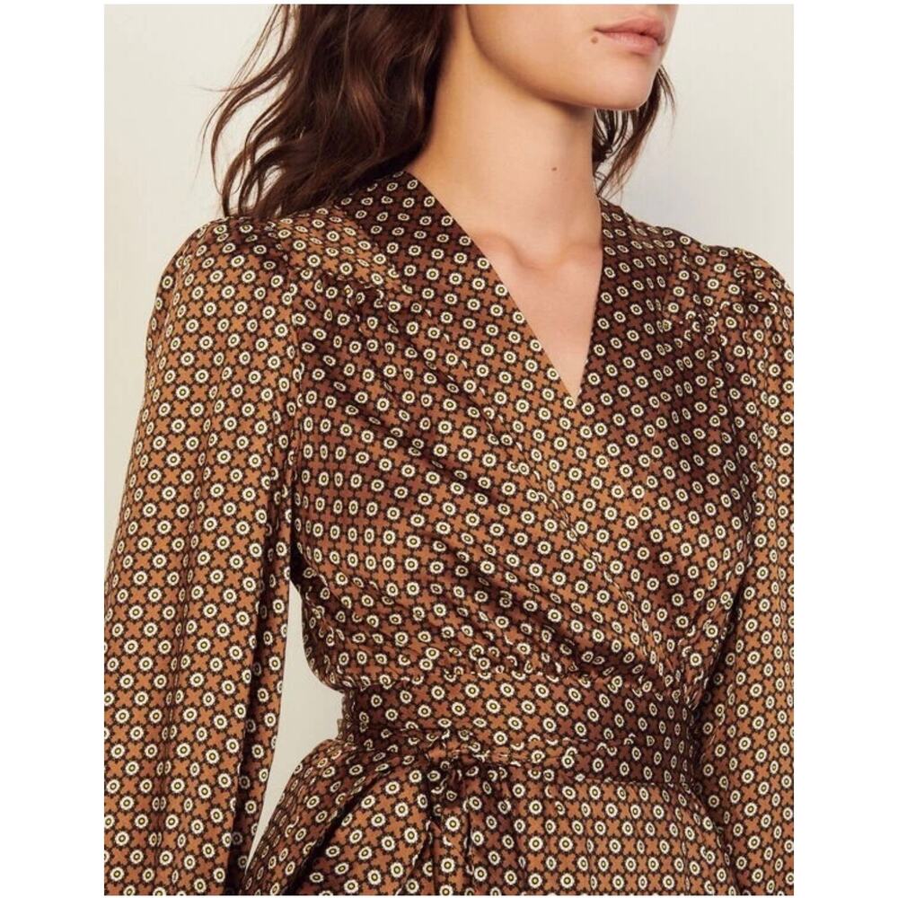 SANDRO JANINE PARIS Floral-Print Wrap-Front Midi Dress Marron US Sz 8 - Picture 3 of 14